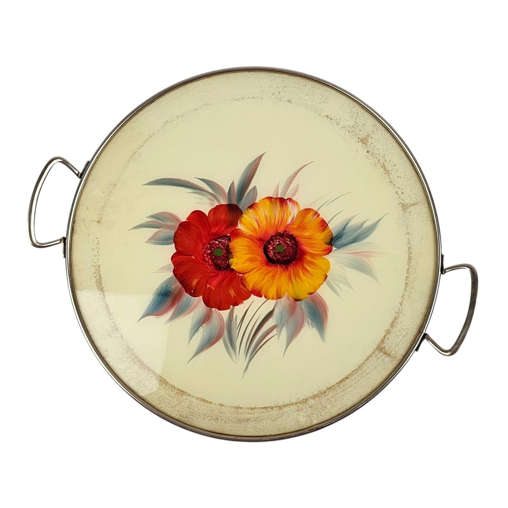 Vintage German Hand Painted Floral Metal Serving Tray Round Poppy MCM Cream